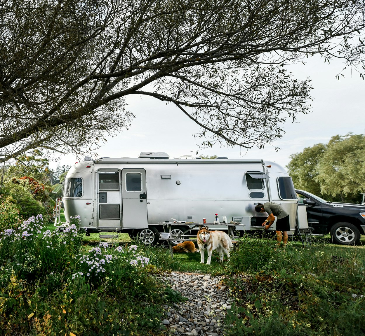 Airstream parked at a camp site in Maine with a person getting stuff out of the outside storage on the Travel Trailer